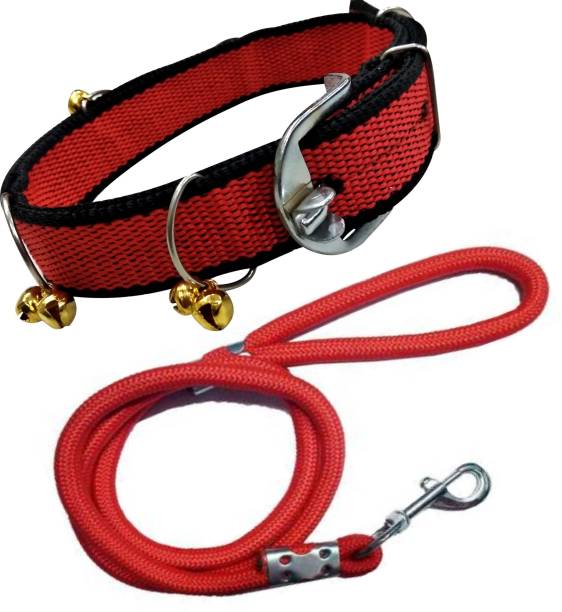 BODY BUILDING Nylon Dog Belt Combo of Black Red Ghungroo Collar with Red Lead 1.5m Lengthy Dog Collar & Leash