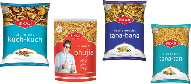 Bikaji Combo Pack - Khattha Meetha Tana-Bana 400g - All-in-one Kuch-Kuch 400g - Tana -Tan 400g - Bikaneri Bhujia 400g Indian Namkeen Snack - (Pack of 4)