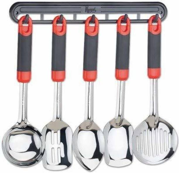 ALLTACK IN Stainless Steel Cooking Utensil Set Serving Spoons with Plastics Handle,with Stand Set of 5 (RED) Disposable Steel Table Spoon Set