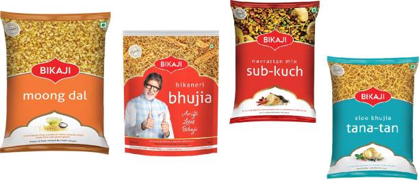 Bikaji Combo Pack - Moong Daal 400g - Navrattan Mix Sub- Kuch 400g - Tana -Tan 400g - Bikaneri Bhujia 400g Indian Namkeen Snack - (Pack of 4) (4 x 0.4 kg)