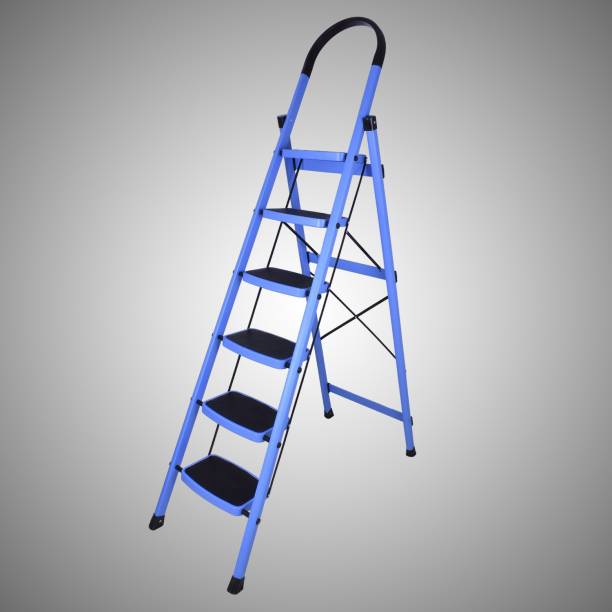 Plantex Prime Steel Folding 6 Step Ladder for Home - 6 Wide Anti-Skid Steps (Blue & Black) Steel Ladder