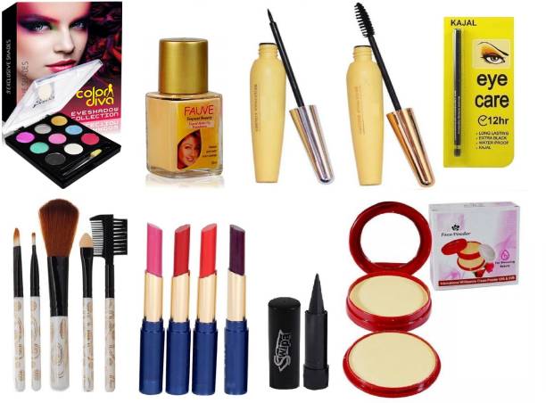 SWIPA Makeup Combo(Kajal,9Colour Eyeshadwo,Eyeliner Mascara,12hrs Kajal,Makeup Brush,Lipstick,Compact)