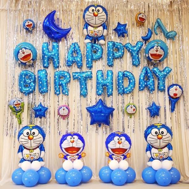Anayatech happy birthday combo-1 happy birthday foil balloon,2 doreamon foil balloon,1 blue moon foil,2 silver curtain36 blue and white balloon