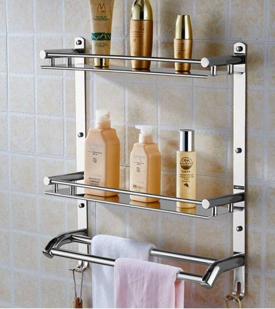 MHY Stainless Steel Multi-use Rack / Bathroom Shelf / Kitchen Shelf / Bathroom Stand / Bathroom Rod - 3 Shelves Soap Plat, shampoo stand & Cloth Hook Stainless Steel Wall Shelf