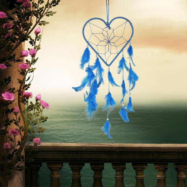 Ryme Heart Shape Blue Car And Wall Hanging Dream Catcher Wool Windchime