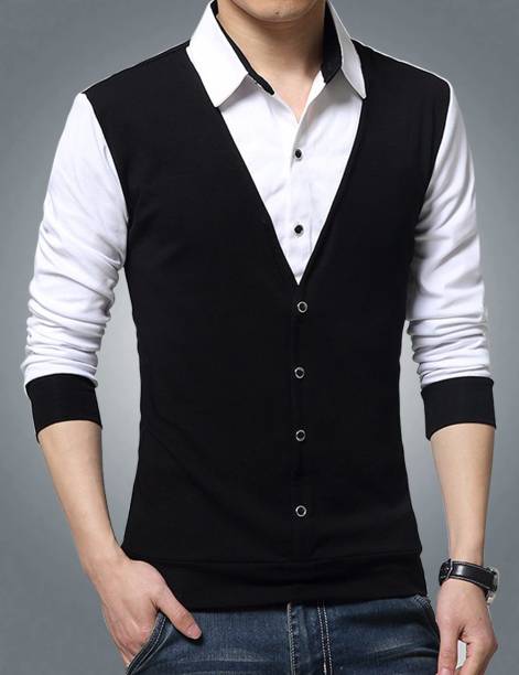 Men Solid Polo Neck Cotton Blend Black T-Shirt Price in India