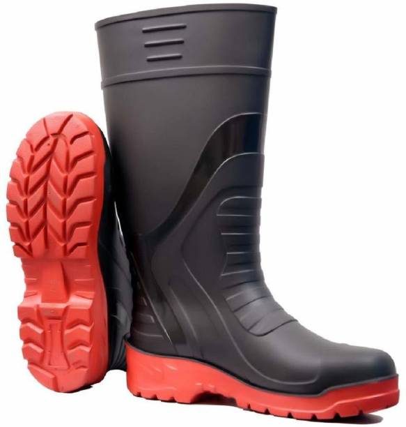 HOT LIFE Flexible PVC Safety 15 inches Gumboot With Steel Toe Oil/Acid resistant Water Proof Anti-Static Anti-Slip Industrial/Labour/Worker Safety Shoes For Men (Size: 10, Black & Red) Steel Toe PVC Safety Shoe
