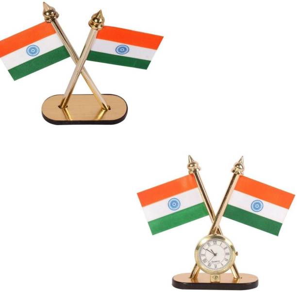 H.M INDIAN FLAG WITH WACTH AND WITHOUT WATCH PACK OF 2 FLAG FOR CAR DASHBOARD & OFFICE TABLES Rectangle Table Miniature Flag