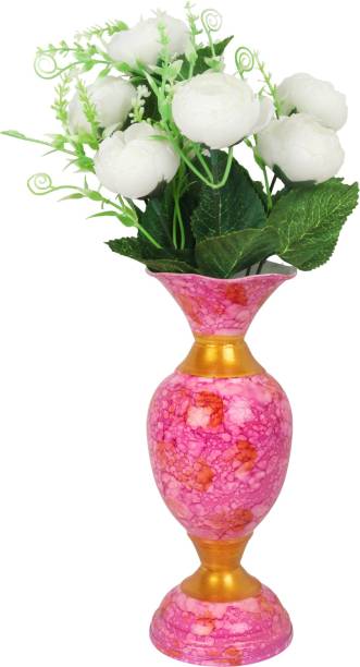 BS AMOR Beautiful Artificial White Flower Bunch with pink Metal Vase Flower Pot for Home Decor (Pack of 1) Iron Flower Basket