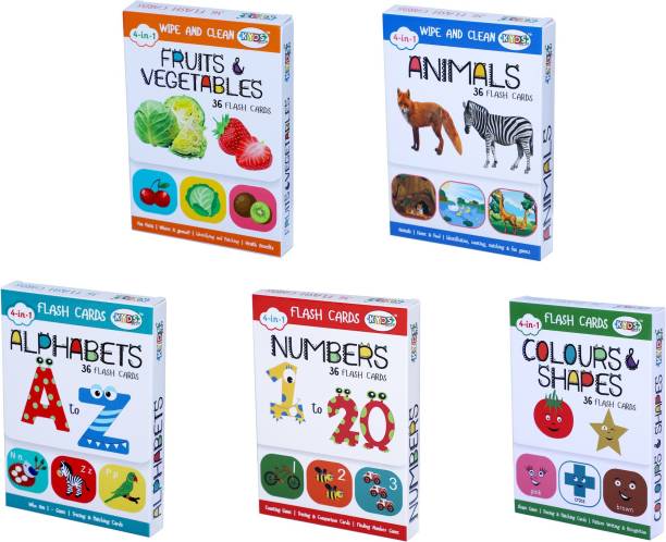 Kyds Play Early Learning Combo - Alphabets + Numbers + Colours & Shapes + Fruits & Vegetables + Animals, Wipe & Clean Activity Flash Cards