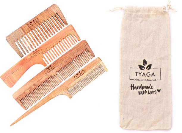 tyaga Handmade Neem Wood Anti Dandruff combs Pack of 4 | Family Kit