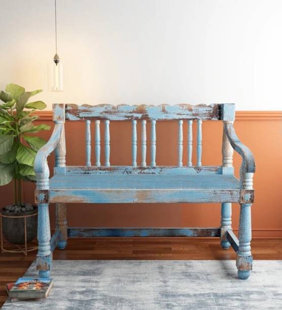 Saffron Solid Wood , Mango Wood Settee in Blue Distress Finish Solid Wood 2 Seater