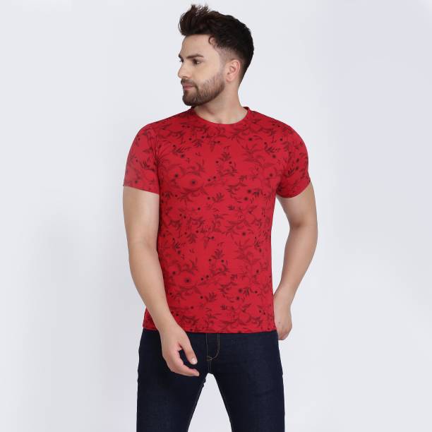 VERO LIE Floral Print Men Round Neck Red T-Shirt