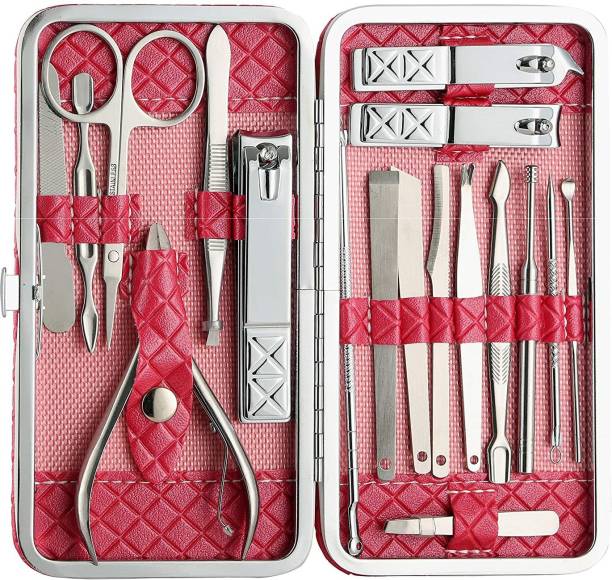 Beauté Secrets 18 in 1 Stainless Steel Manicure Pedicure Set Nail Cutter Scissors Care Set Tweezers Knife Ear Pick Eyebrow Scissors Utility Tools Grooming Kits with Leather Case