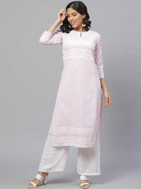 Women Embroidered Cotton Blend Straight Kurta Price in India