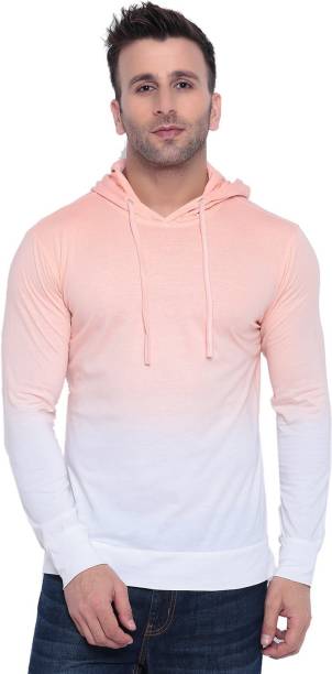 Gritstones Washed/Ombre Men Hooded Neck White, Pink T-Shirt