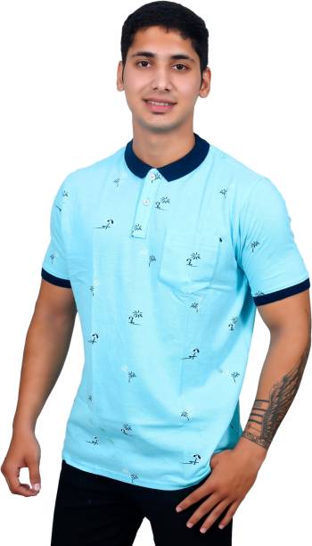 Thalasi Knitfab Floral Print Men Polo Neck Light Blue T-Shirt