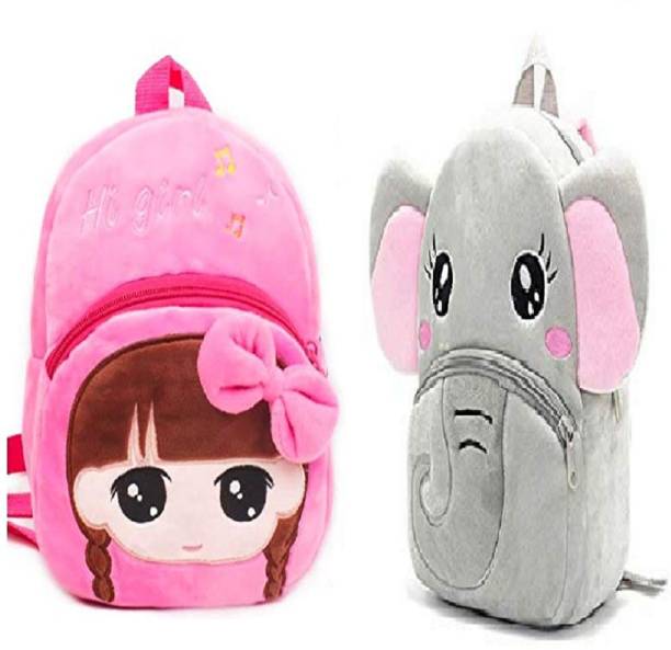 Lychee Bags Combo of Velvet Printed Kids School Bags Hi Girl pink And Elephent 10 L Backpack