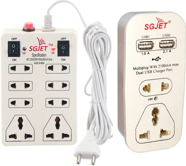 SGJET Combo 8 Socket Strip and Dual USB 2 Socket MultiPlug 6 A Three Pin Socket