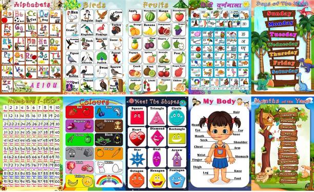 Xpresssion Decor ABC alphabet,number 1-100,month of year,days of week,my body,hindi varnmala,birds,coours,shapes and fruits Charts Educational poster Paper Print