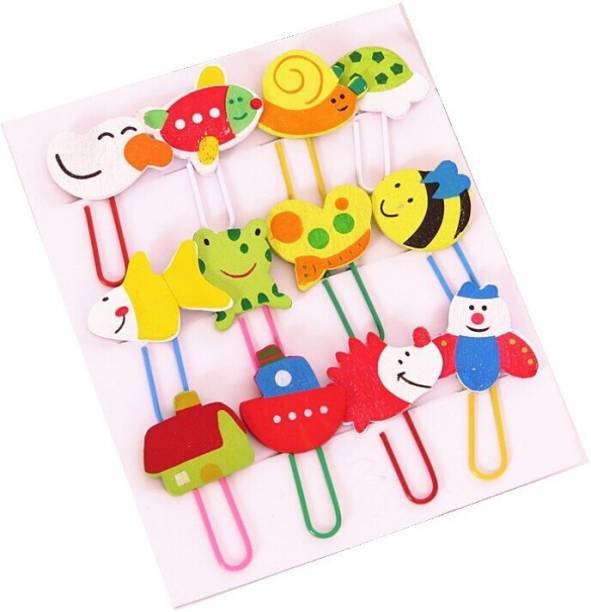 R H lifestyle 12 pcs Colorful Cartoon Animal Wooden Design Paper Clips Bookmark for Kids Stationery School Office Medium wooden + plastic Paper Clip