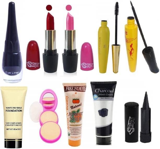 SWIPA Kajal+Eyeliner+Pink,Red Lips+Scrub(50gm)+Eyeliner+Mascara+Charcoal+Foundation+ Compact