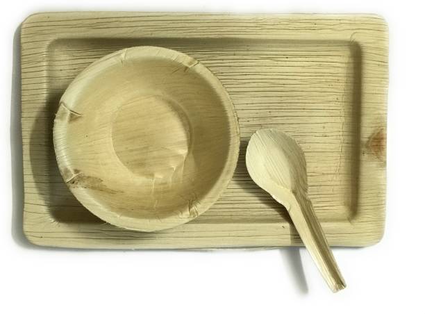 Bio Box India BioBox Areca Palm Leaf Rectangle Pack: Biodegradable Rectangular plates, Bowls and Soup Spoon set(11"x7" Rectangle Plate, 5" Round Deep Bowl, Soup Spoon) ) Tray