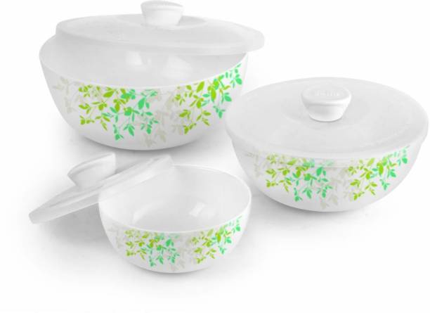 cello Green Orchard Mixing Bowls with Lid(500ml, 1000ml,1500ml), 3 Pc, White Opalware Serving Bowl