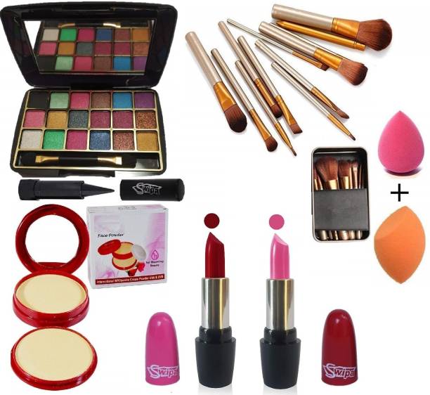 SWIPA Pink Red Lipstick+18 Colour Mini Eyeshadow+Brush+Compact+Kajal+2Pcs Puff