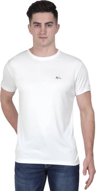 Dry Fit Men T-Shirt Men Solid Round Neck White T-Shirt Price in India