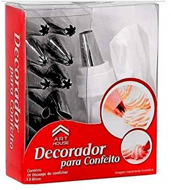 Sera Creation 12 Piece Piping Bag Nozzles Cake Decorating Tool Set Frosting Icing Cream Syringe Piping Bag Tips With Steel Nozzles Muffin Dessert Decorators Reusable & Washable Kitchen Tool Set SCHK0051 Silver & White Kitchen Tool Set