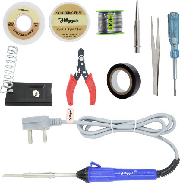 Hillgrove 10in1 Basic 25W Soldering Iron Kit with 5 Meter Solder Wire, Cutter, Stand, Flux, Bit, Tape, Tester, Tweezer, Wick 25 W Simple