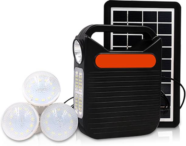 Pick Ur Needs Emergency Portable Inverter with 3 Individual 6 Volt LED Hanging Bulbs with 3.75 m Long Wire and AC/DC USB Socket with USB Wire for Mobile Charging with Solar Panel Solar Light Set