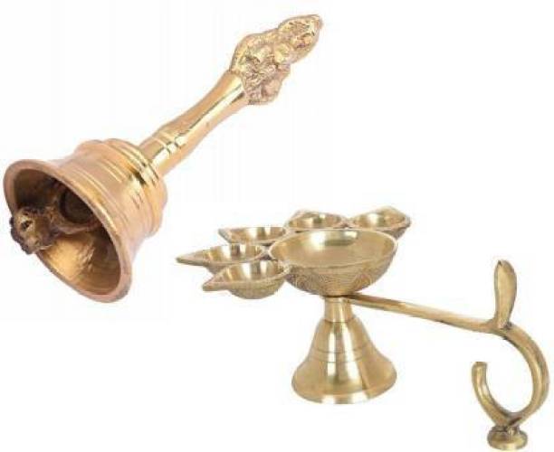 SBBCO Combo Of 5 Face Puja Camphor Burner Lamp Panch Aarti Jyoti With Brass Nagpari Head Pooja Puja Bell Ghanti Brass Brass Pooja Bell