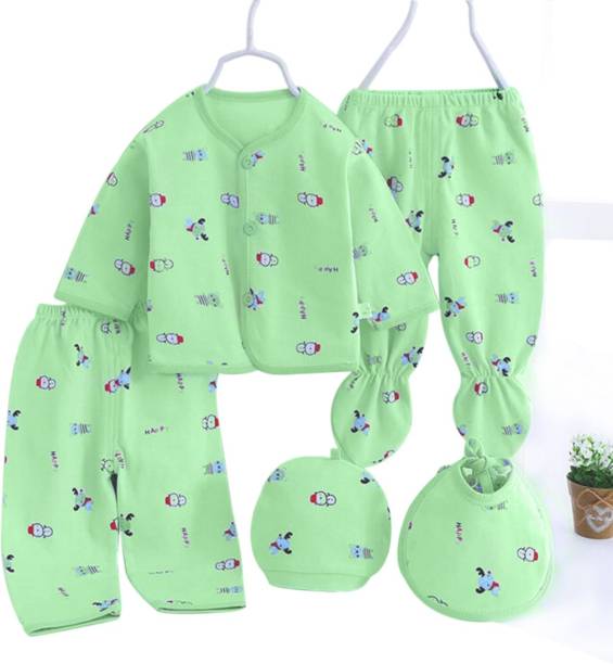 PIKIPOO Presents New Born Baby Summer Wear Baby Clothes 5Pcs Sets 100% Cotton Baby Boys Girls Unisex Baby Cotton/Summer Suit Infant Clothes First Gift For New Born.Green