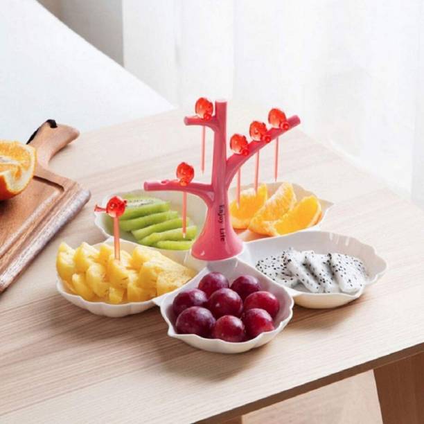 arkit 5 Compartments Fruit Plate and Bird Fork Tree Set Serving Trays with 6 Bird Shape Fork Plastic Fruit Fork Plastic Serving Fork