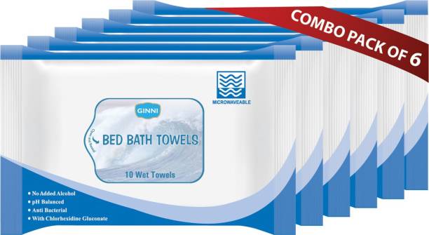 GINNI Hygiene Bed Bath Towel Wet Wipes for Adults, Patients (Pack Of 6) (10 Towels Per Pack)