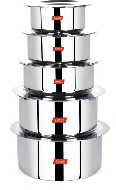 Sumeet Cook Smart TriPly SAS (Steel-Aluminium-Steel - 3 Layers) Tope Set of 5Pcs with Lid - No. 14 (1.1 Ltr, 14Cm), No. 16 (1.6Ltr, 16Cm), No.18 (2Ltr, 18Cm), No. 20(3Ltr, 20Cm), No.22 (4Ltr, 22Cm) Tope Set with Lid 1.1 L, 1.6 L, 2 L, 3 L, 4 L capacity 14 cm, 16 cm, 18 cm, 20 cm, 22 cm diameter