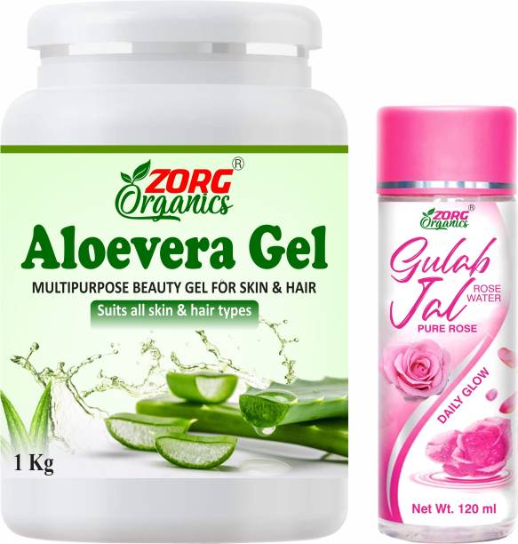 Zorg Organics Aloe Vera Gel Raw (1KG) and Rose Water (120ml) Ideal for Scalp, Acne Scars, Skin & Hair Treatment (2 Items in the set)