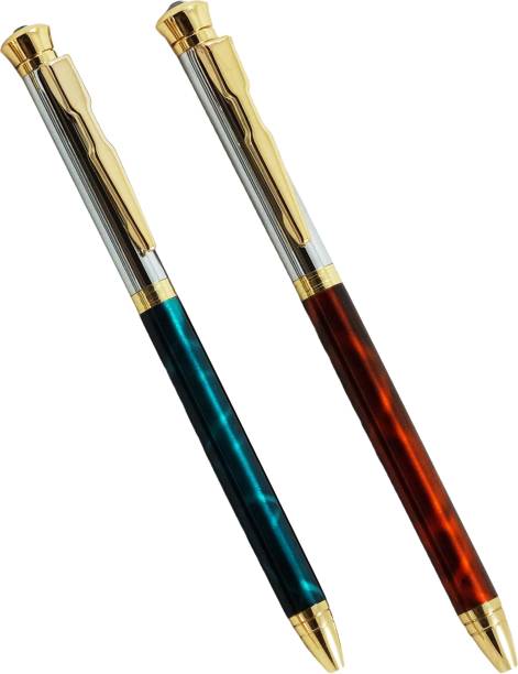 auteur Slim Body Blue & Brown Color Marble Finish Blue Ink Ruby on Cap Gift Collection Pen Gift Set