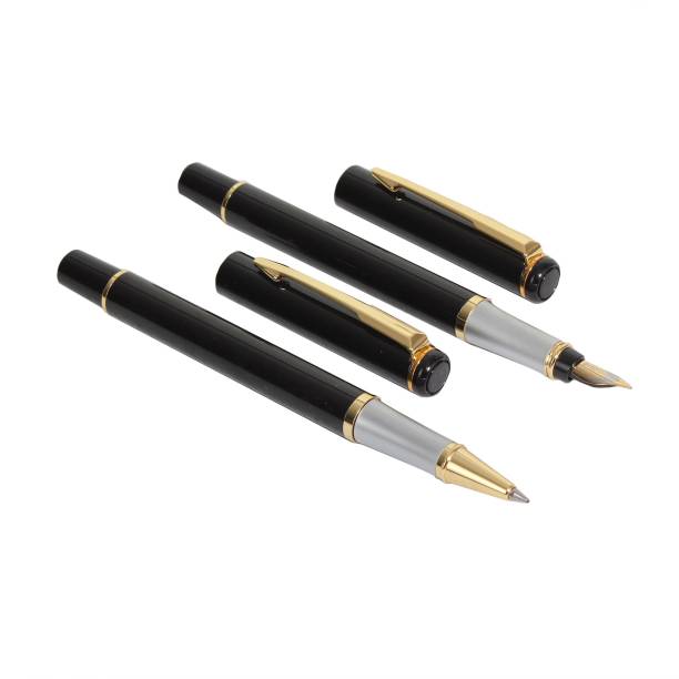 auteur 801 Executive Black Color Metal Body Medium Nib Fountain Ink Pen & Roller Ball Pen Gift Set