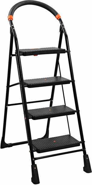 Branco Premium Heavy Foldable Milano 4 Steps Ladder with Wide Steps & Anti-Skid Shoes - Black Steel Ladder (With Platform, Hand Rail) Steel, Plastic Ladder