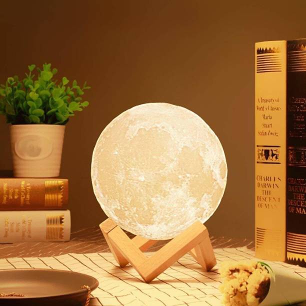 Desidiya Printing LED Touch Sensor Switch USB Rechargeable Moon Lamp with Wooden Stand Table Lamp