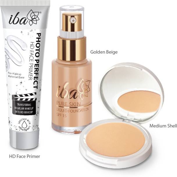 Iba Foundation + Compact + Primer Face Makeup Combo for Wheatish Skin Tone (Golden Beige)