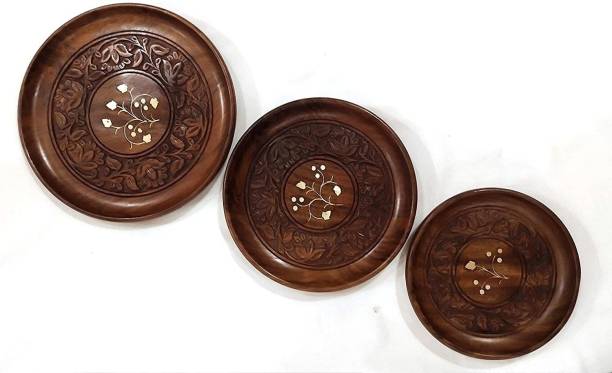 ARTANDCRAFTINDIA Wooden Serving Plates Snack ,Dry Fruits Serving Plate,Salad Plate, Decorative Plate for Home and Kitchen in shisham Wood with Carving Brass Work (Pack of 3 pcs) (Size= 8 ,7 ,6 inch) Dinner Plate