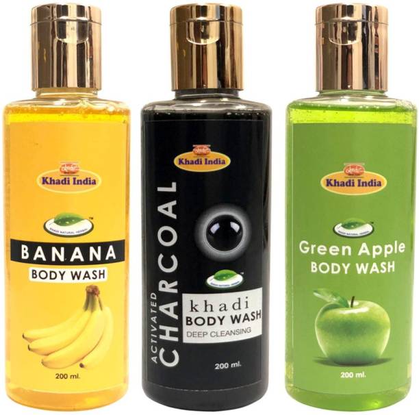 khadi natural herbal Banana Body Wash - Charcoal Body Wash & Green Apple Body Wash (Pack of 3)