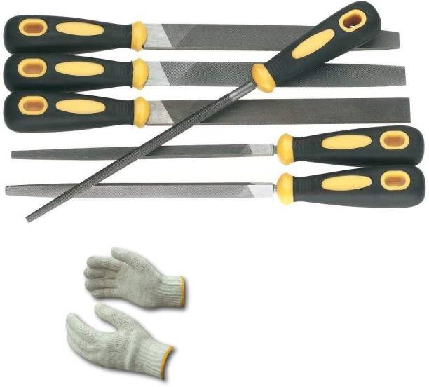 Inditrust 6 inch file set 6pcs for woodworking garage workshop & craftsmen with gloves