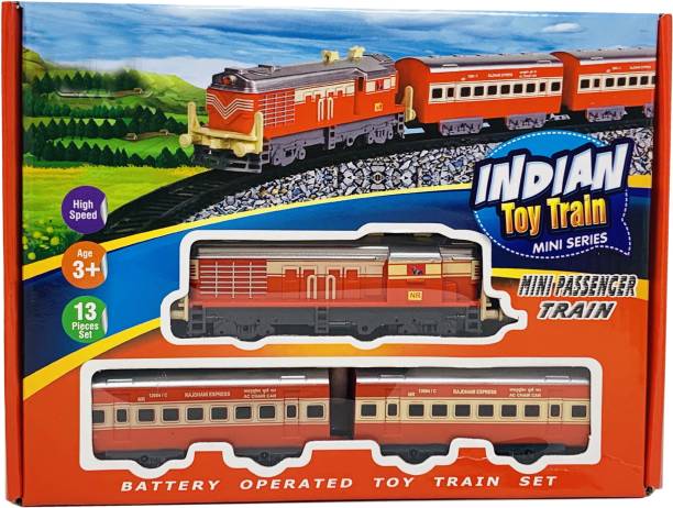 Miniature Mart Made From Plastic Basic Quality Battery Operated Indian Toy Train Set|13 Pieces Set|2 Coach Small Train|Indian Passenger Train|Gift Set For Children|kids Playing Toys|