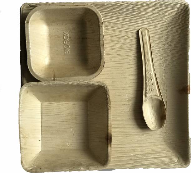 Bio Box India Biobox Pack of 45 Biodegradable Dinner set(10" Round Plate, 5" Square Bowl, 4.5" Square Bowl, 6" Design Spoon), In total 15 pcs each Dinner Plate