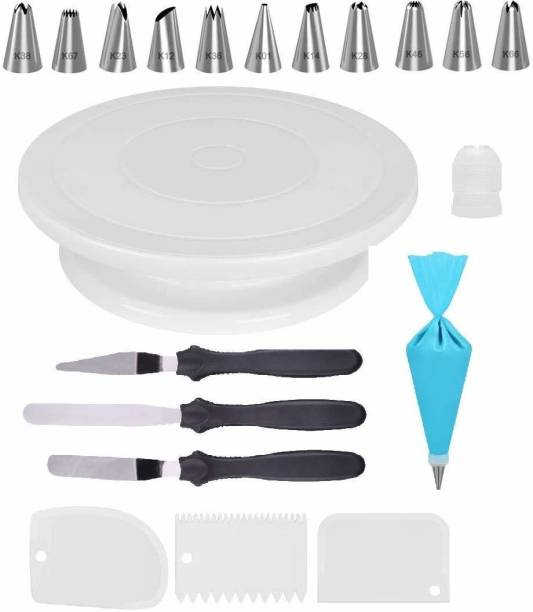 DEVICE OF XACTON BAKEWARE COMBO Xacton Plastic Swivel Plate Revolving Cake Sugarcraft, 12 Steel Nozzles Coupler with Piece Frosting Icing Piping Bag, 3 Pcs Cake Decorating Fondant, 3 Pcs Cake Icing Spatula Knife, Combo of Baking Tools Set Multicolor Kitchen Tool Set